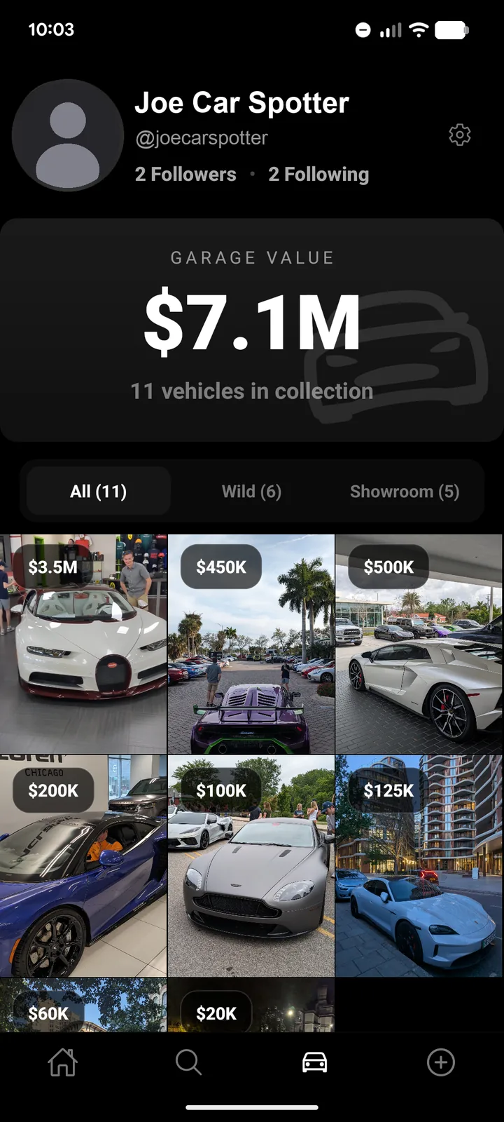 Showvroom profile showing a $7.1M garage value across 11 collected vehicles